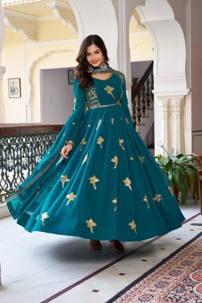 Premium Teal Faux Georgette Gown with Golden Embroidery Wedding Exclusive Anarkali Kurtis 