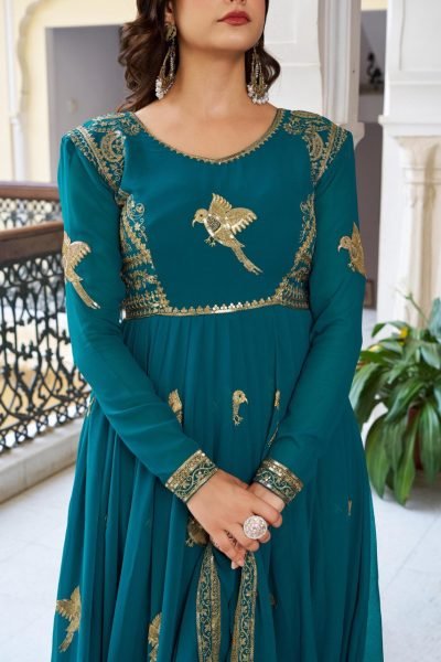 Premium Teal Faux Georgette Gown with Golden Embroidery Wedding Exclusive Anarkali Kurtis 