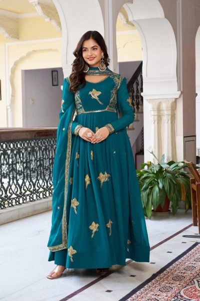 Premium Teal Faux Georgette Gown with Golden Embroidery Wedding Exclusive Anarkali Kurtis 