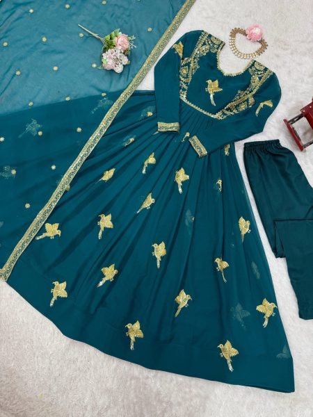 Premium Teal Faux Georgette Gown with Golden Embroidery Wedding Exclusive Anarkali Kurtis 