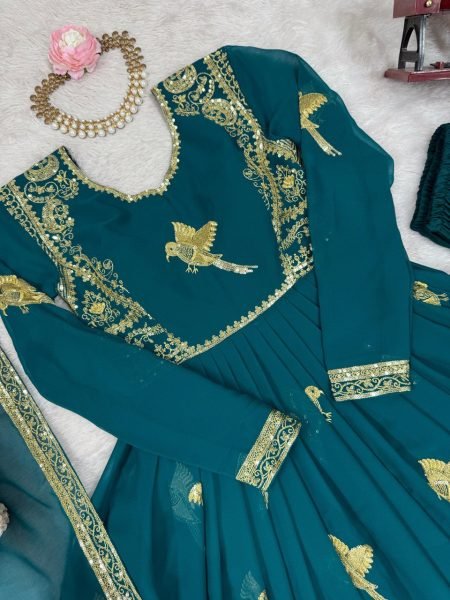 Premium Teal Faux Georgette Gown with Golden Embroidery Wedding Exclusive Anarkali Kurtis 