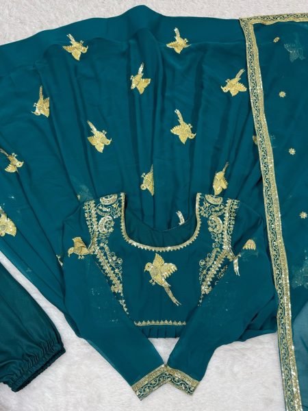 Premium Teal Faux Georgette Gown with Golden Embroidery Wedding Exclusive Anarkali Kurtis 
