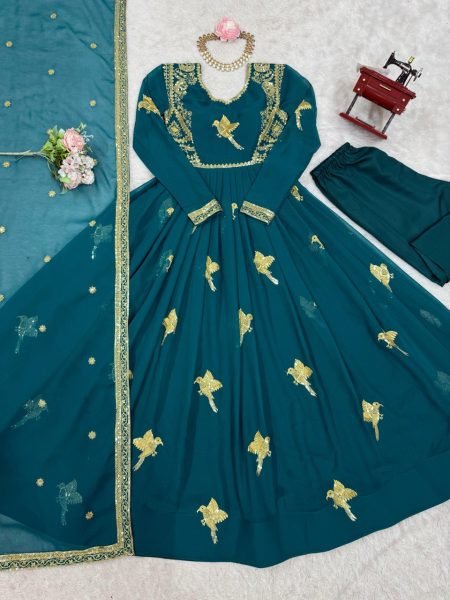 Premium Teal Faux Georgette Gown with Golden Embroidery Wedding Exclusive Anarkali Kurtis 