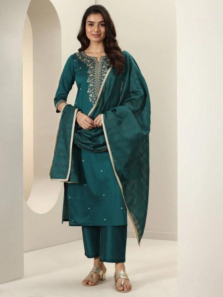 Premium Teal Roman Silk Kurta Pant Set with Intricate Embroidery and Chanderi Dupatta 