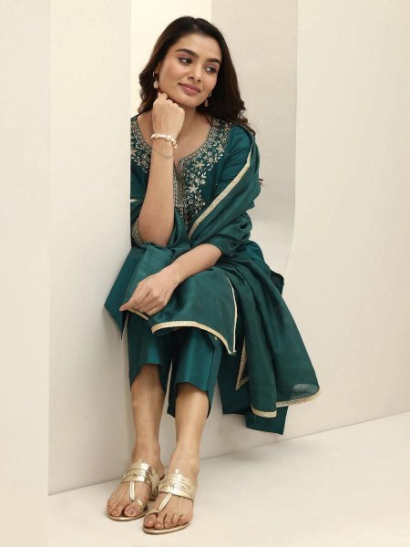 Premium Teal Roman Silk Kurta Pant Set with Intricate Embroidery and Chanderi Dupatta  3 Piece Kurti Set