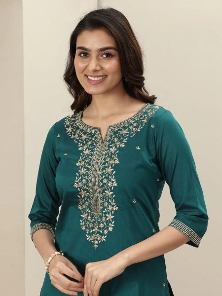 Premium Teal Roman Silk Kurta Pant Set with Intricate Embroidery and Chanderi Dupatta  3 Piece Kurti Set