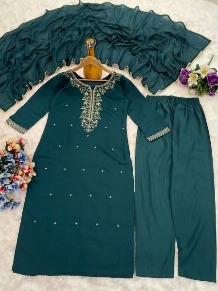 Premium Teal Roman Silk Kurta Pant Set with Intricate Embroidery and Chanderi Dupatta  3 Piece Kurti Set
