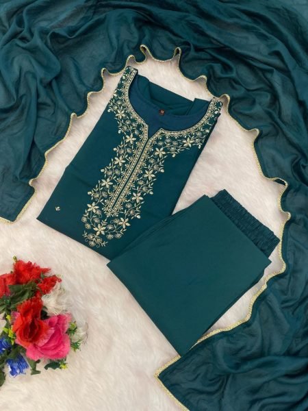Premium Teal Roman Silk Kurta Pant Set with Intricate Embroidery and Chanderi Dupatta  3 Piece Kurti Set