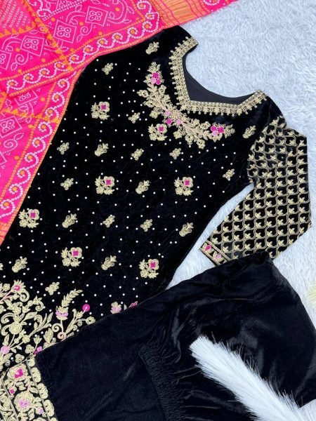Premium Velvet Embroidery Winter Suit with Plazzo & Chinon Dupatta Ready To Wear Collection