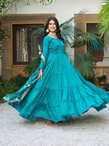 Premium Vichitra Silk Anarkali Gown with Heavy Sequence Embroidery   Matching Dupatta Set Anarkali Kurtis 