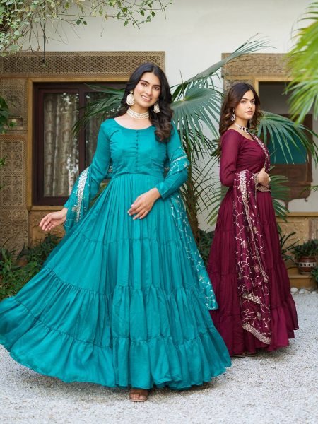 Premium Vichitra Silk Anarkali Gown with Heavy Sequence Embroidery   Matching Dupatta Set Anarkali Kurtis 