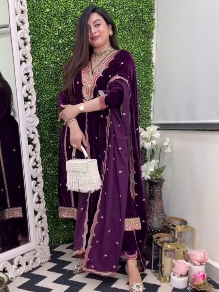 Premium Winter Velvet Suit Collection in Purple Ready to Wear Designer Outfit Winter Wear