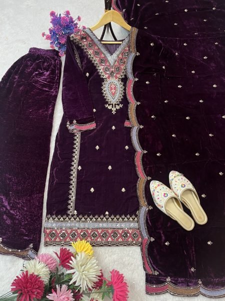 Premium Winter Velvet Suit Collection in Purple Ready to Wear Designer Outfit Ready To Wear Collection