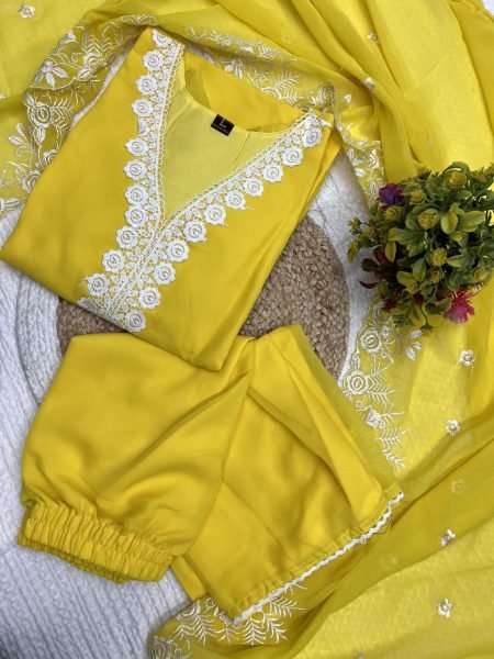 Premium Yellow Georgette Suit with Chanderi Bottom   Embroidery  for Celebrations   Gatherings  3 Piece Kurti Set