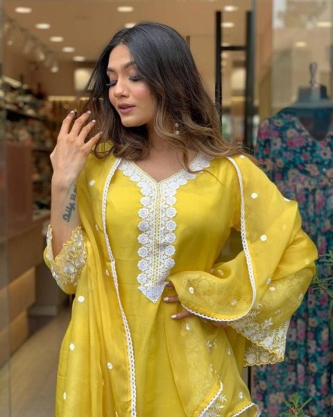 Premium Yellow Georgette Suit with Chanderi Bottom   Embroidery  for Celebrations   Gatherings  3 Piece Kurti Set