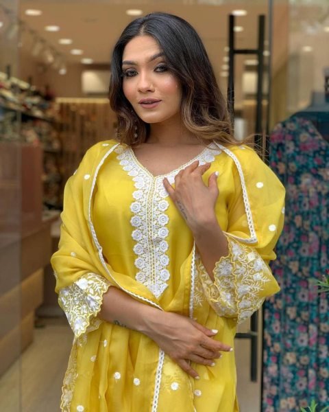 Premium Yellow Georgette Suit with Chanderi Bottom   Embroidery  for Celebrations   Gatherings  3 Piece Kurti Set