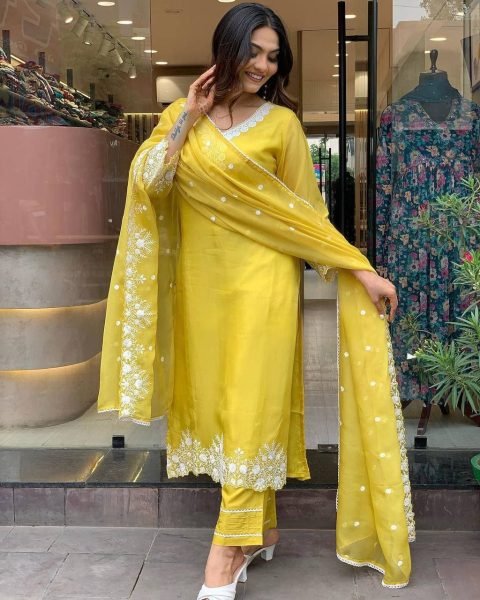 Premium Yellow Georgette Suit with Chanderi Bottom   Embroidery  for Celebrations   Gatherings  3 Piece Kurti Set