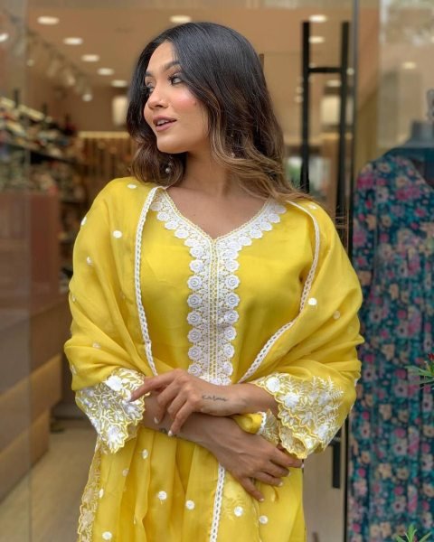 Premium Yellow Georgette Suit with Chanderi Bottom   Embroidery  for Celebrations   Gatherings  3 Piece Kurti Set