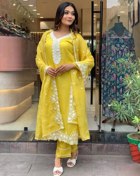 Premium Yellow Georgette Suit with Chanderi Bottom   Embroidery  for Celebrations   Gatherings  3 Piece Kurti Set