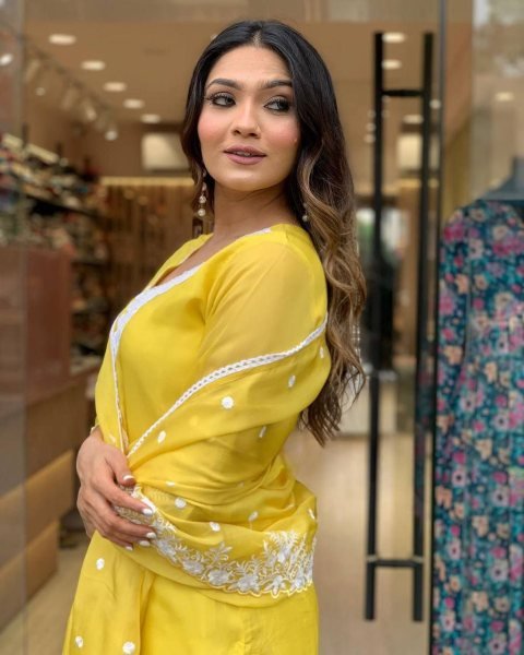 Premium Yellow Georgette Suit with Chanderi Bottom   Embroidery  for Celebrations   Gatherings  3 Piece Kurti Set