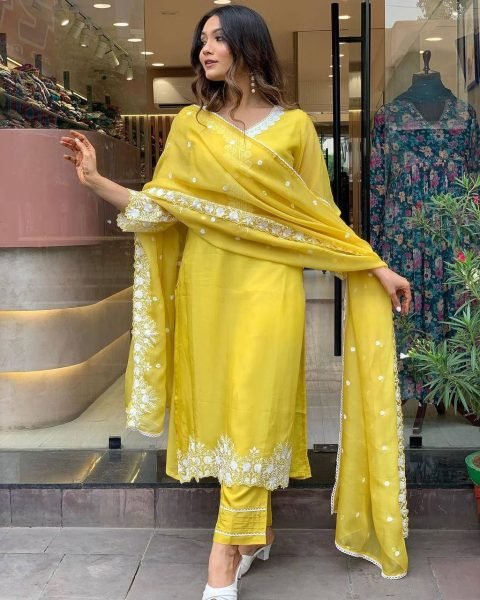 Premium Yellow Georgette Suit with Chanderi Bottom   Embroidery  for Celebrations   Gatherings  3 Piece Kurti Set