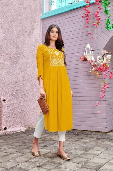 Presenting Beautiful Designer Embroidery Work in Havy Rayon Fabric Kurti  Cotton Kurtis Wholesale