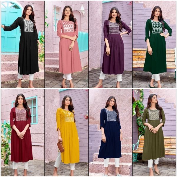 Presenting Beautiful Designer Embroidery Work in Havy Rayon Fabric Kurti  Cotton Kurtis Wholesale