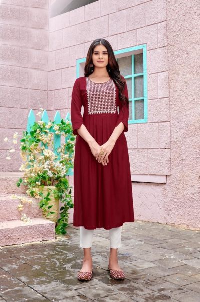 Presenting Beautiful Designer Embroidery Work in Havy Rayon Fabric Kurti  Cotton Kurtis Wholesale