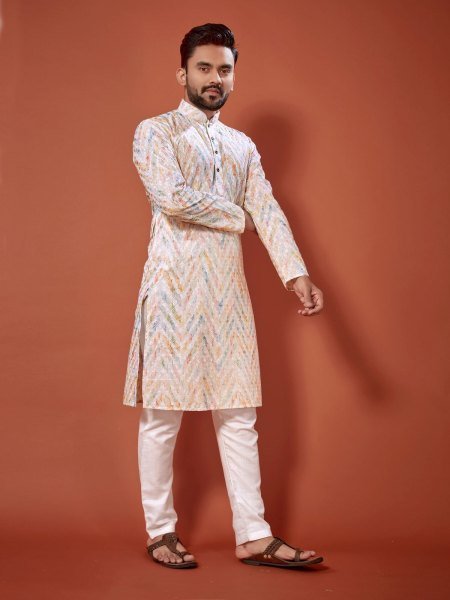 Presenting Cotton Straight Men s Lucknowi Chikankari Digital Print  Kurta  payjama Kurta Pajama Wholesale