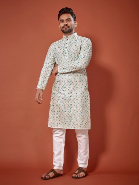Presenting Cotton Straight Men s Lucknowi Chikankari Digital Print  Kurta  payjama Kurta Pajama Wholesale