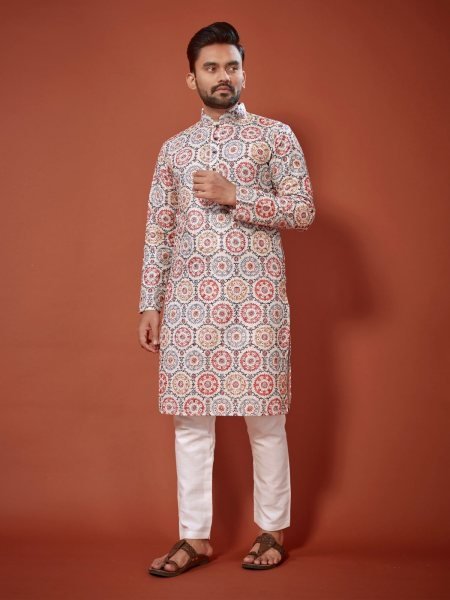 Presenting Cotton Straight Men s Lucknowi Chikankari Digital Print  Kurta  payjama Kurta Pajama Wholesale