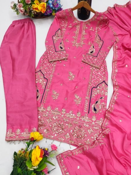 Presenting New Chinon Top Pent and Dupatta Set Fully Stitched Ready To Wear Suit 3 Piece Kurti Set