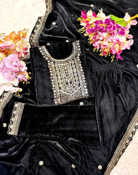 Presenting New Velvet Top  Pent  Dupatta Set Fully Stitched Ready To Wear Ready To Wear Collection