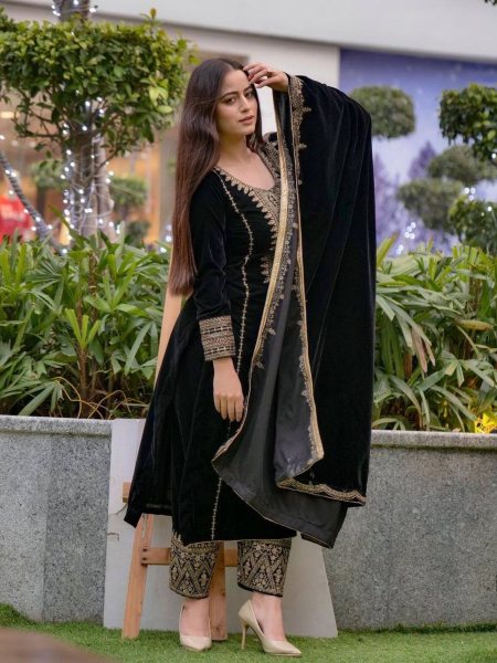 Presenting Party Wear Embroidery Sequence Work Pakistani Round Neck Fully Stitched Black Color Velvet Salwar Suit for Women Ready To Wear Suit