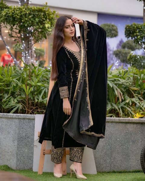 Presenting Party Wear Embroidery Sequence Work Pakistani Round Neck Fully Stitched Black Color Velvet Salwar Suit for Women Ready To Wear Collection