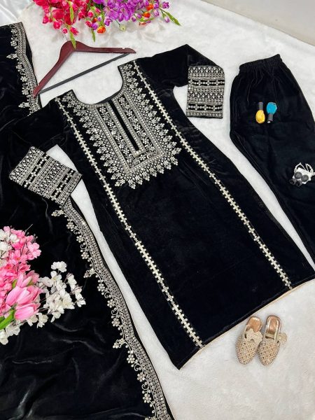 Presenting Party Wear Embroidery Sequence Work Pakistani Round Neck Fully Stitched Black Color Velvet Salwar Suit for Women Ready To Wear Collection