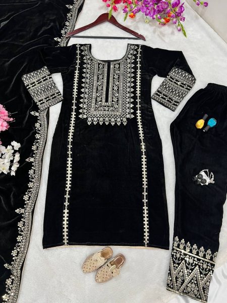 Presenting Party Wear Embroidery Sequence Work Pakistani Round Neck Fully Stitched Black Color Velvet Salwar Suit for Women Ready To Wear Collection