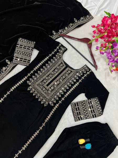 Presenting Party Wear Embroidery Sequence Work Pakistani Round Neck Fully Stitched Black Color Velvet Salwar Suit for Women Ready To Wear Collection