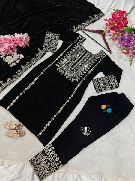 Presenting Party Wear Embroidery Sequence Work Pakistani Round Neck Fully Stitched Black Color Velvet Salwar Suit for Women Ready To Wear Collection