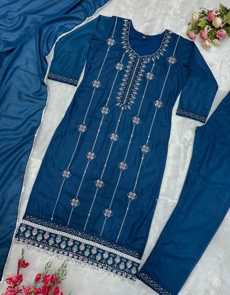 Pretty Peacock Blue  Embroidered  Georgette Suit Set With Dupatta Ready To Wear Collection