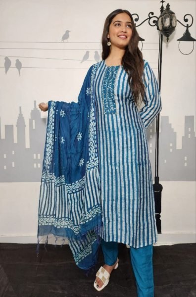 Printed Cotton Straight Kurta With Pant   Dupatta 3 Piece Kurti Set