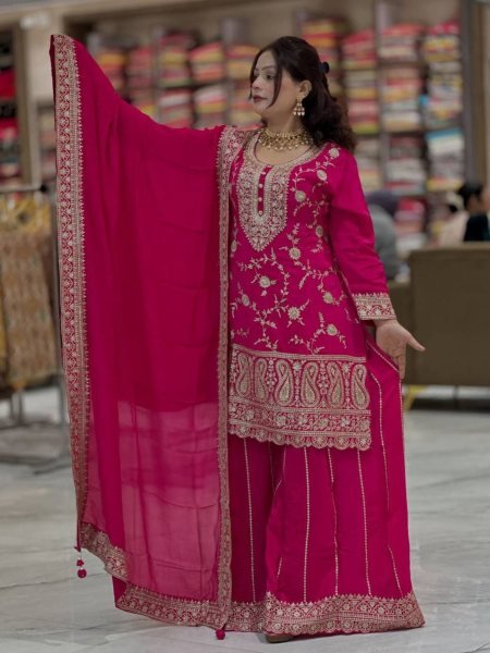 Pristine Pink Chinon Silk Embroidered Sharara Set for Bulk Buyer at Manufacturer Rate 