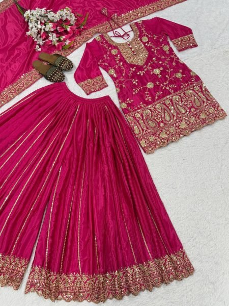 Pristine Pink Chinon Silk Embroidered Sharara Set for Bulk Buyer at Manufacturer Rate Ready To Wear Collection