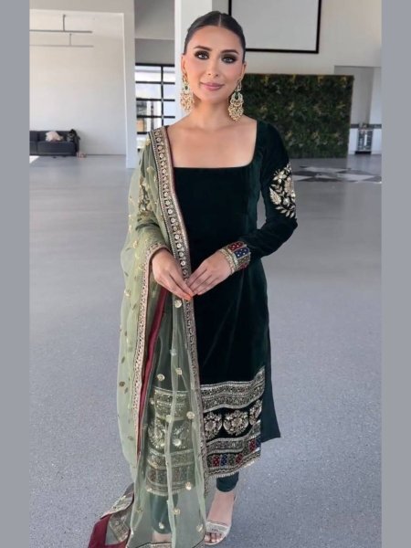 Pristine Viscose Velvet Coding Sequence Embroidered Top with Crepe Silk Pant   Net Dupatta At Manufacturer Rate 