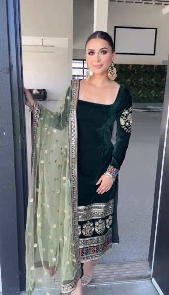 Pristine Viscose Velvet Coding Sequence Embroidered Top with Crepe Silk Pant   Net Dupatta At Manufacturer Rate  Straight Cut Long Kurtis