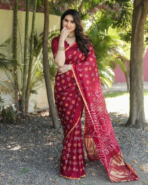 Pure Bandhej Silk Saree With Zari Weaving Rich Tissue Pallu Bandhej Sarees Wholesale