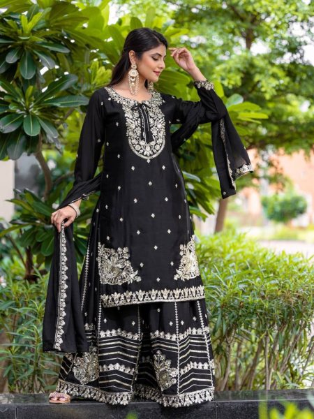  Pure Chinnon With Heavy Embroidery Sequence Work Plazzo Suits  Ready To Wear Collection