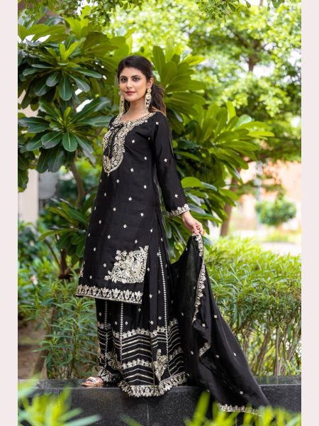  Pure Chinnon With Heavy Embroidery Sequence Work Plazzo Suits  Ready To Wear Collection