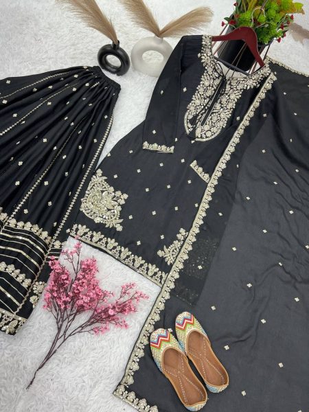  Pure Chinnon With Heavy Embroidery Sequence Work Plazzo Suits  Ready To Wear Collection