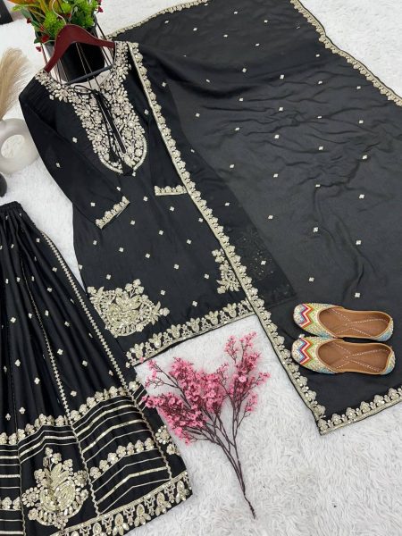  Pure Chinnon With Heavy Embroidery Sequence Work Plazzo Suits  Ready To Wear Collection